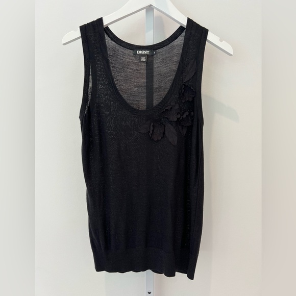 DKNY BLACK LINEN FLORAL APPLIQUÉ KNIT TOP SIZE S - Picture 3 of 16